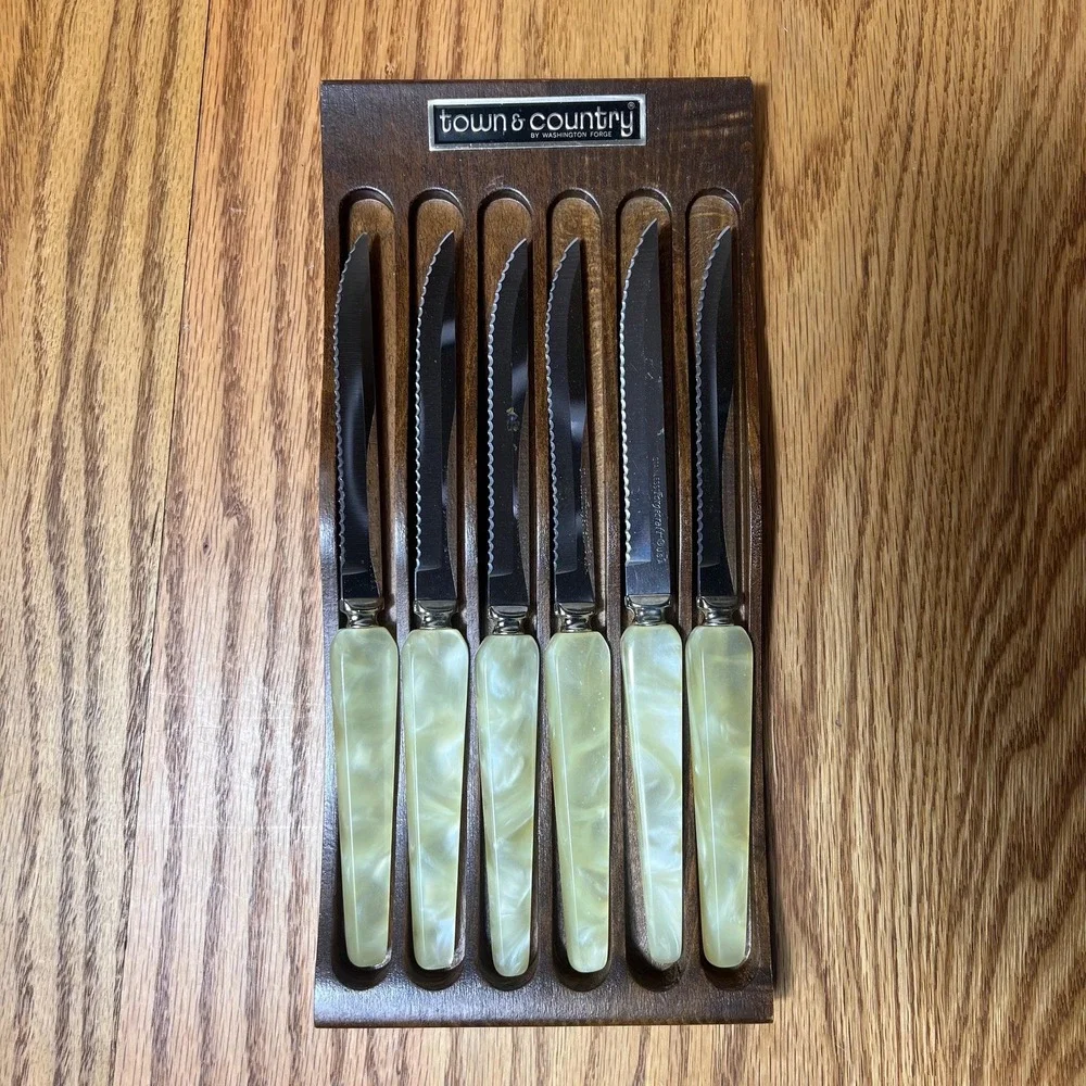 Vintage Washington Forge Town & Country Steak Knives Set 6 Wood Rack USA